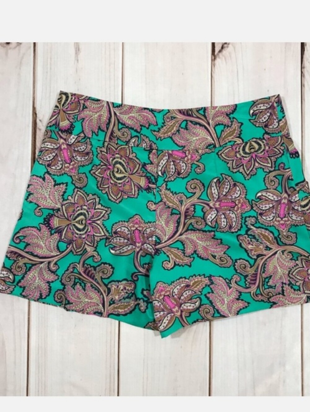 LOFT Turquoise Green Silk Dress Shorts Paisley Cuffed Pleats Ann Taylor 8 Medium - Picture 4 of 8